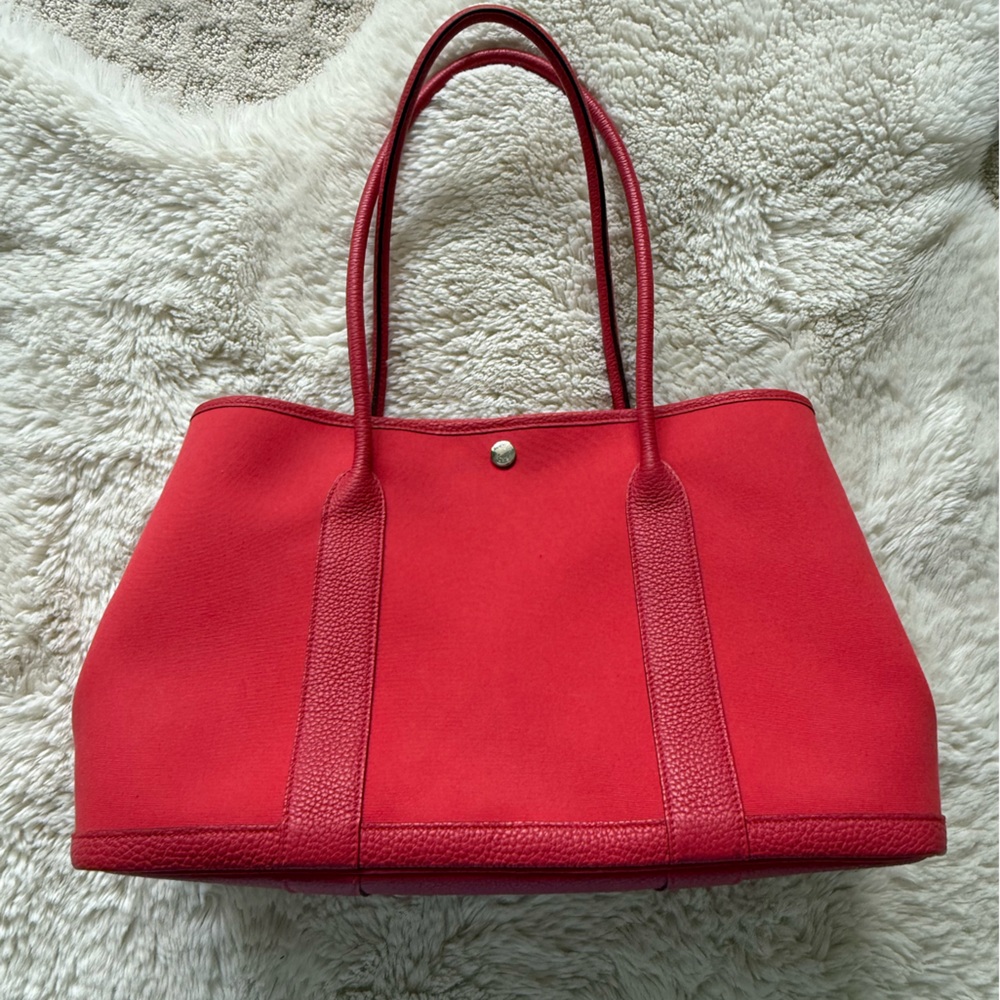 Auth Hermes Rare pink red Garden Party Canvas Tote Bag with Leather Trim